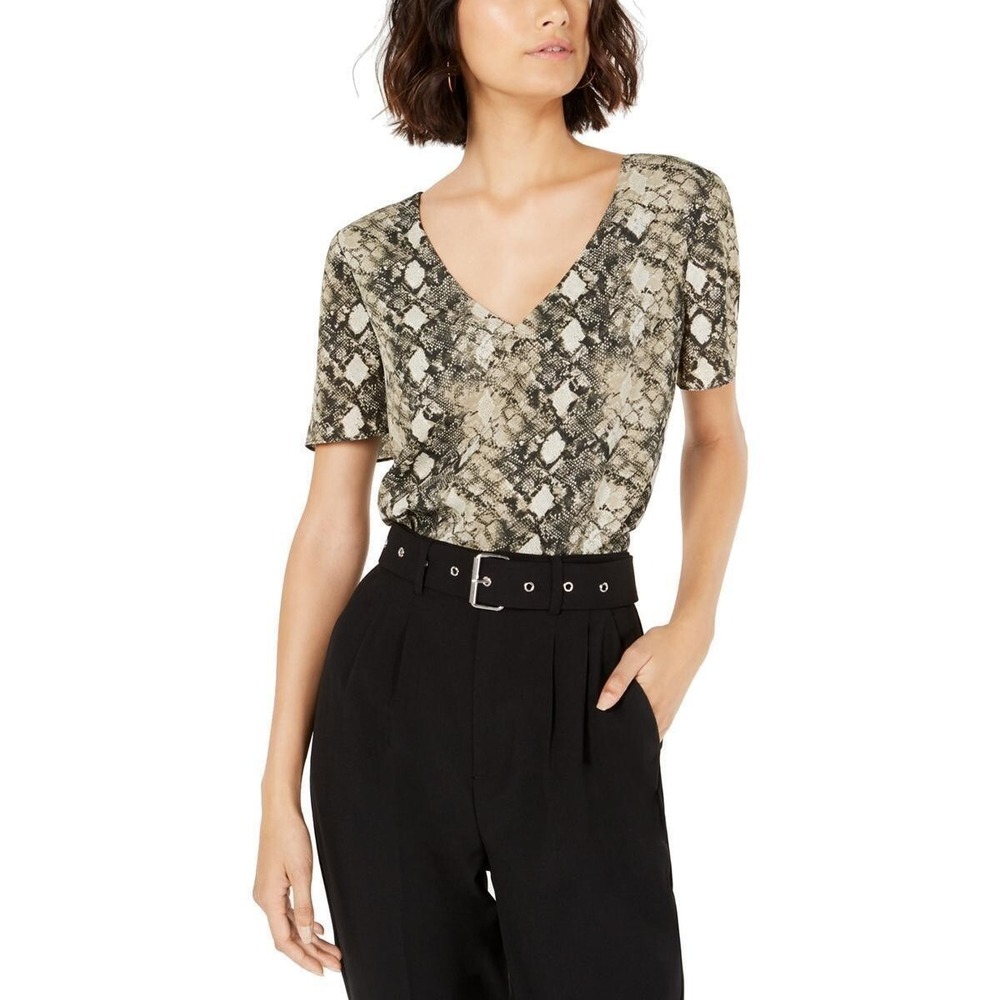 Leyden Top V Neck Snakeskin Print Short Sleeve Tan Brown Women Size Large